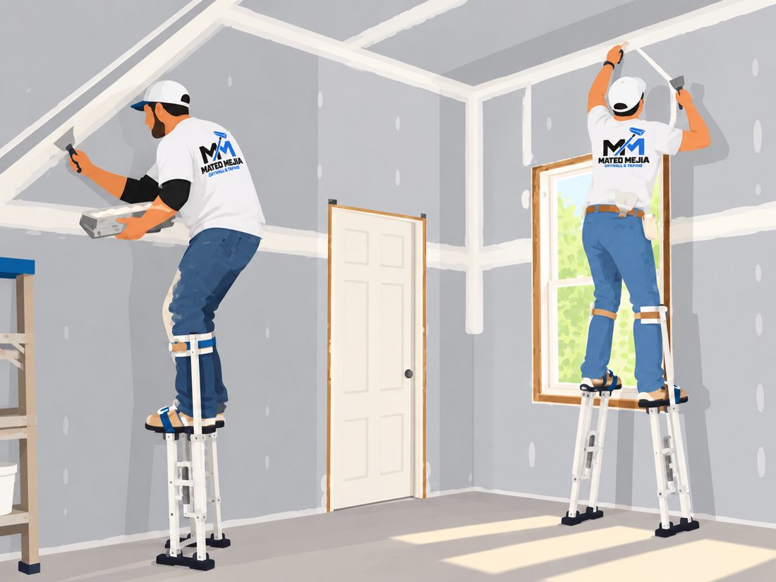 Illustration of two Mateo Mejia crew members on stilts taping and finishing drywall