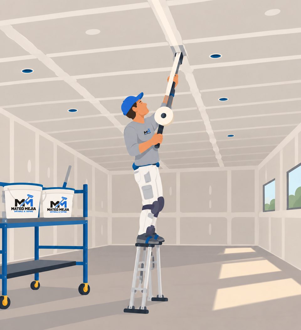 Illustration of a Mateo Mejia taper on stilts taping a ceiling joint